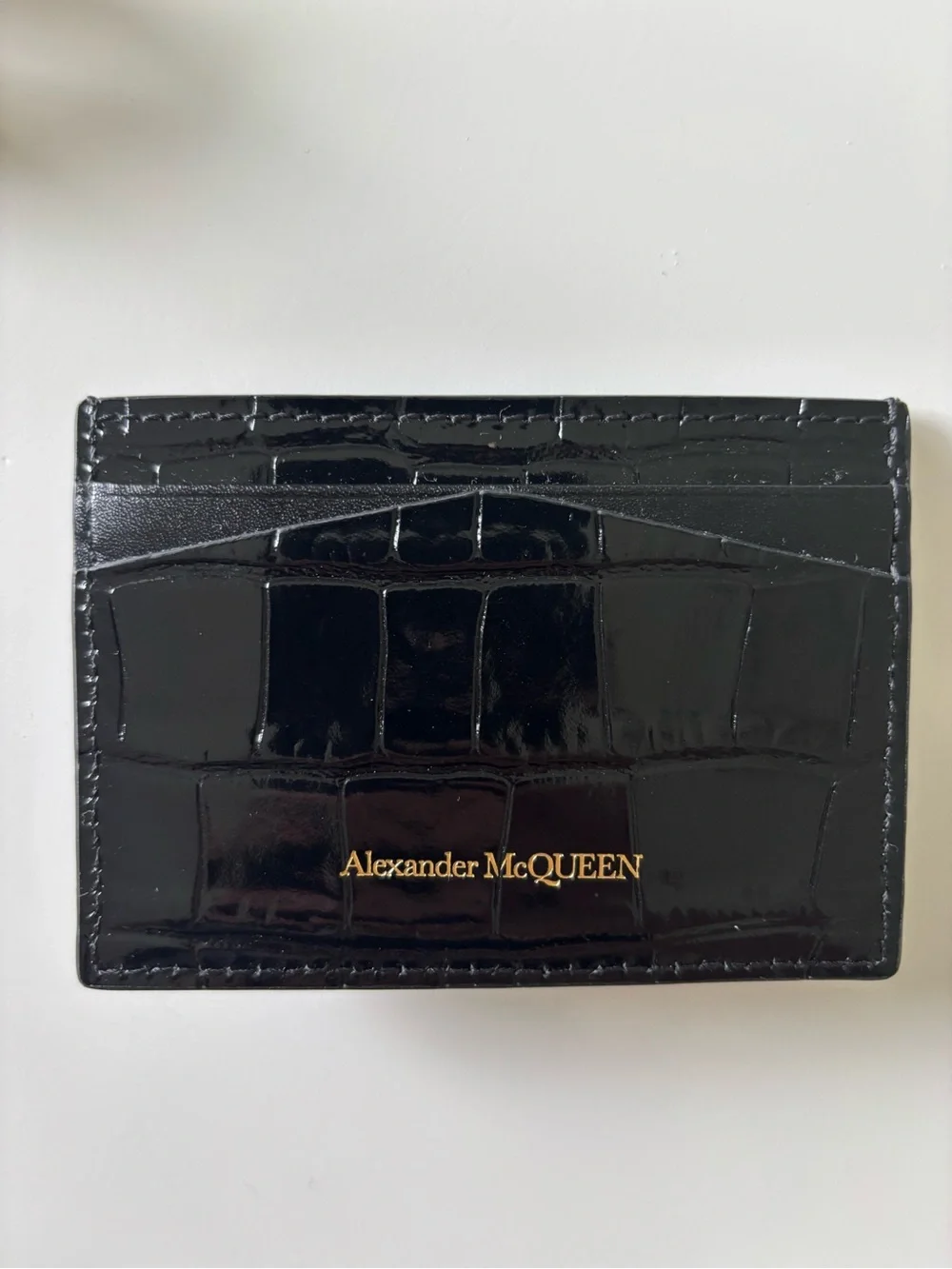 Alexander McQueen Black Croc-Embossed Card & Key Holder with Gold Skull